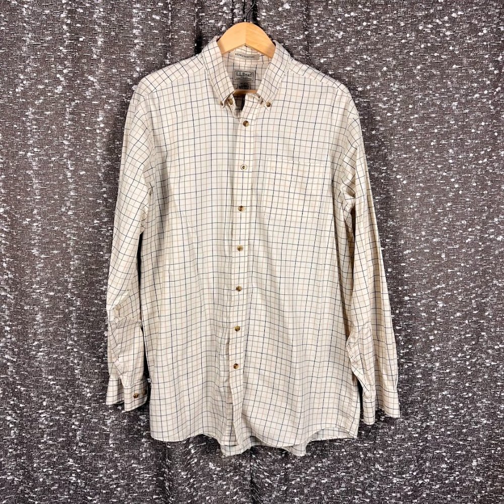 L.L. Bean Men's Long Sleeve Beige Check Square Shirt‎